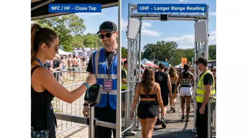 Comparison of NFC or HF tap access and UHF longer-range RFID access at festivals Comparison of NFC or HF tap access and UHF longer-range RFID access at festivals
